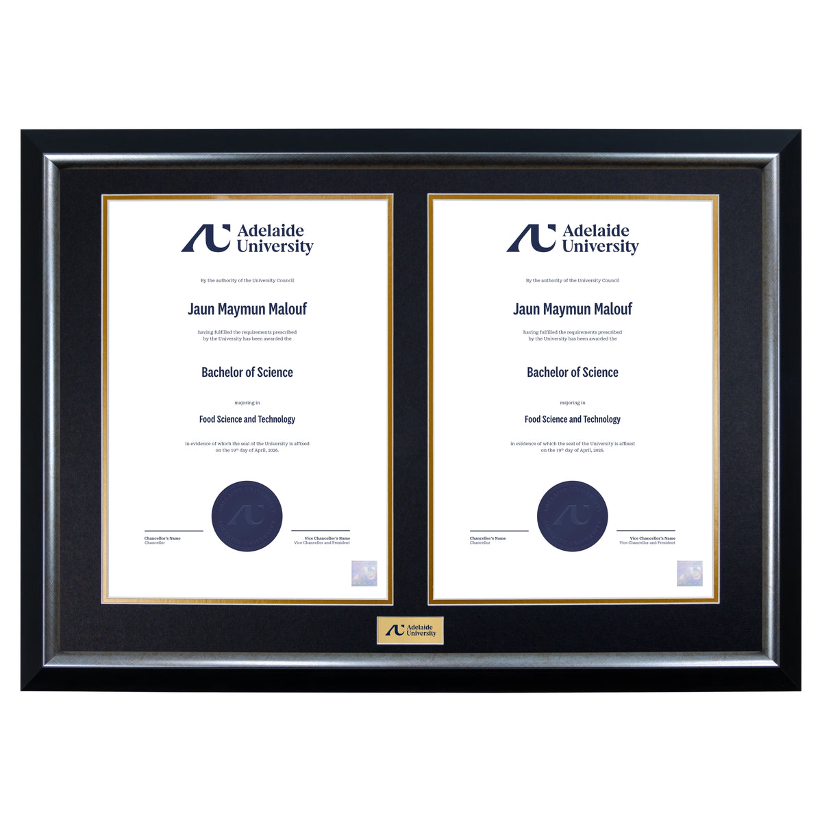 Premium Silver Twin Certificate Frame - Adelaide University