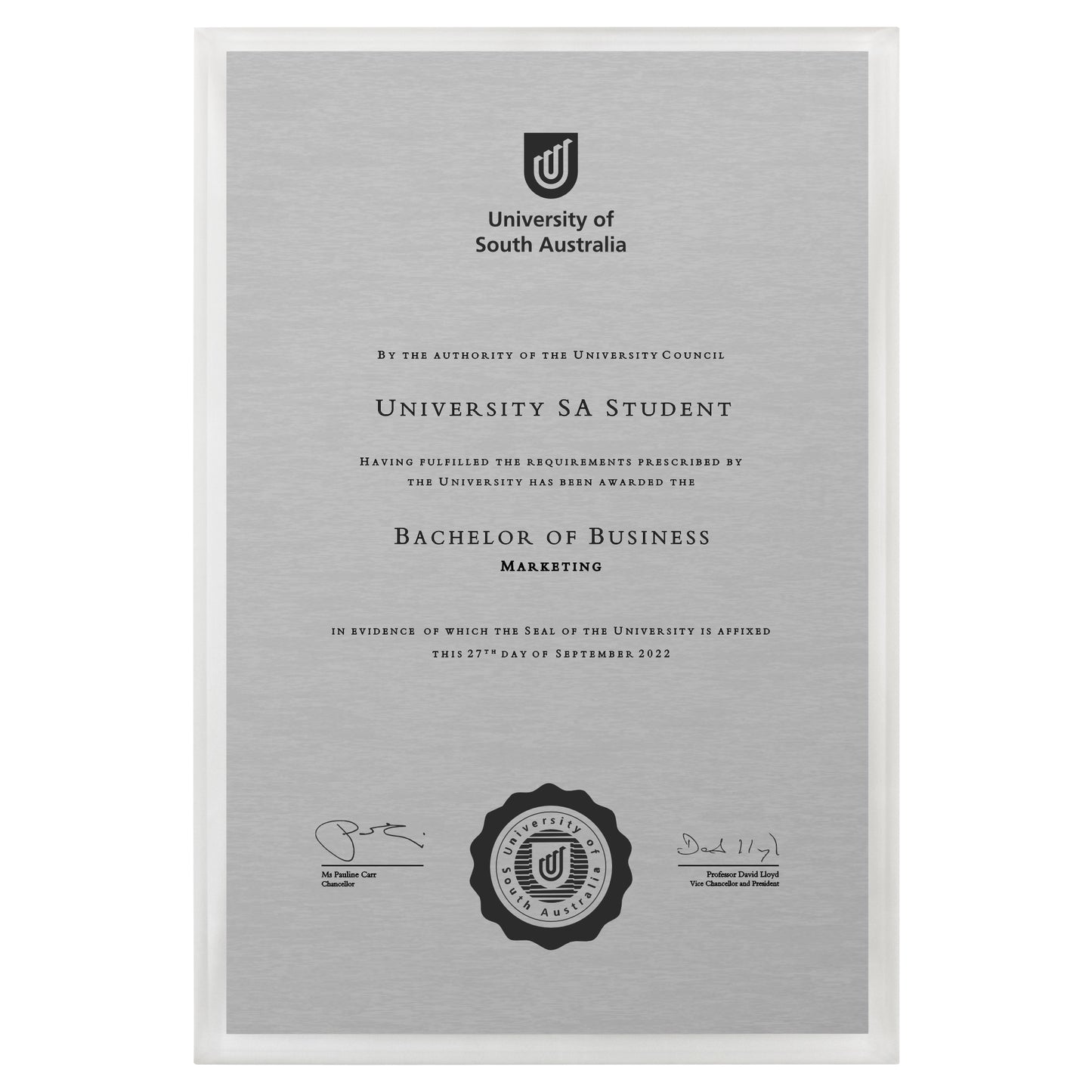 University of South Australia Certificate Plaque - A3 Size