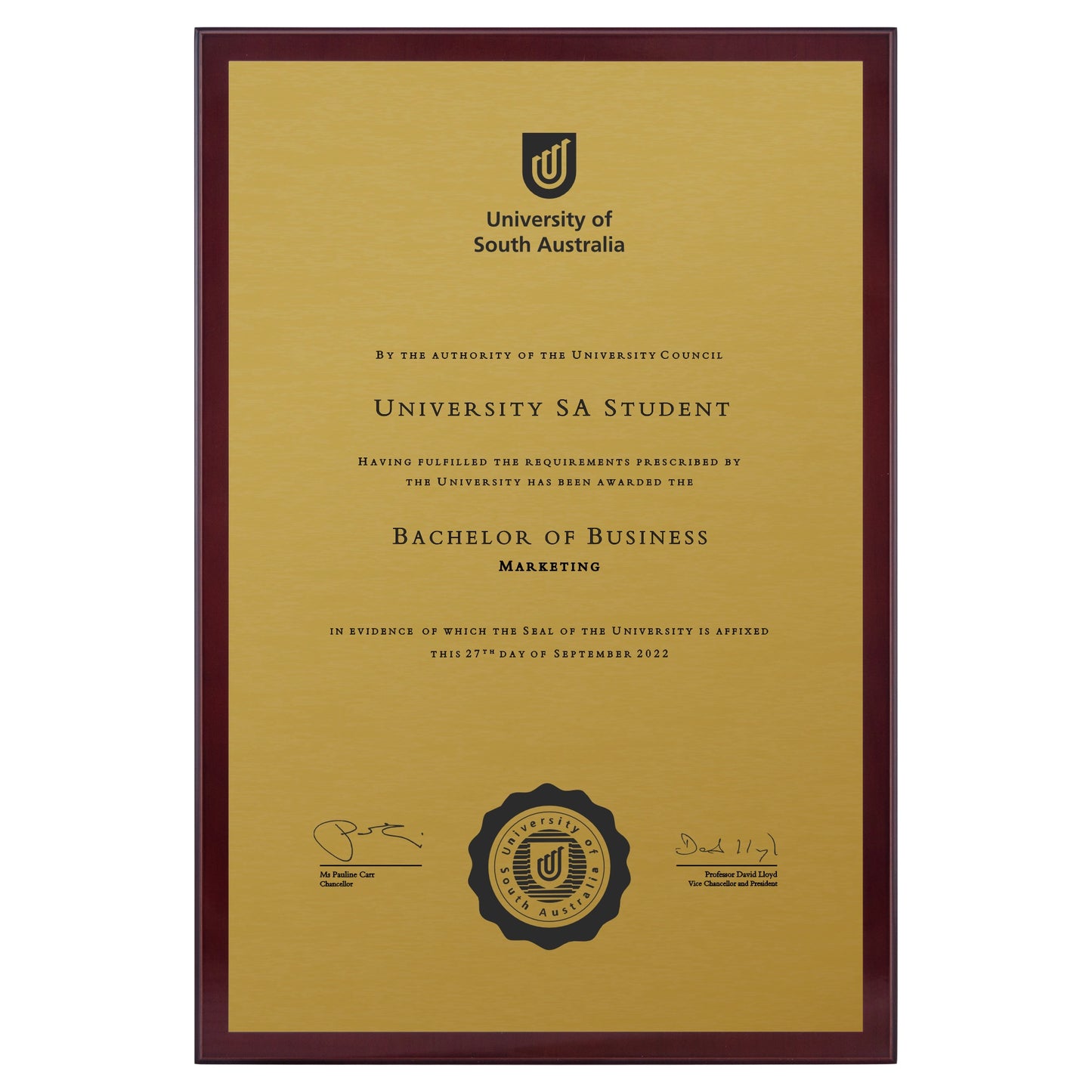 University of South Australia Certificate Plaque - A3 Size