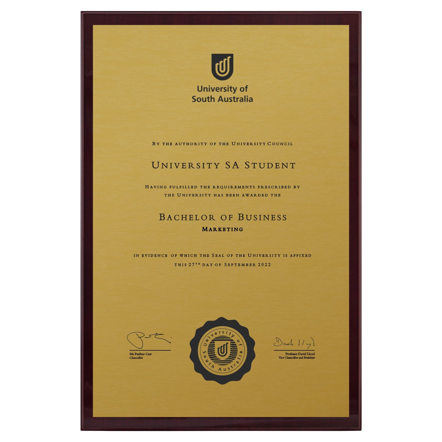 University of South Australia Certificate Plaque - A3 Size