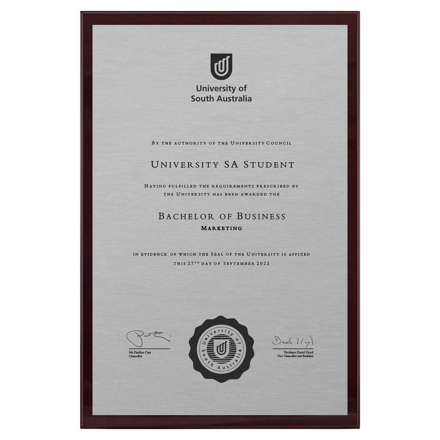 University of South Australia Certificate Plaque - A3 Size