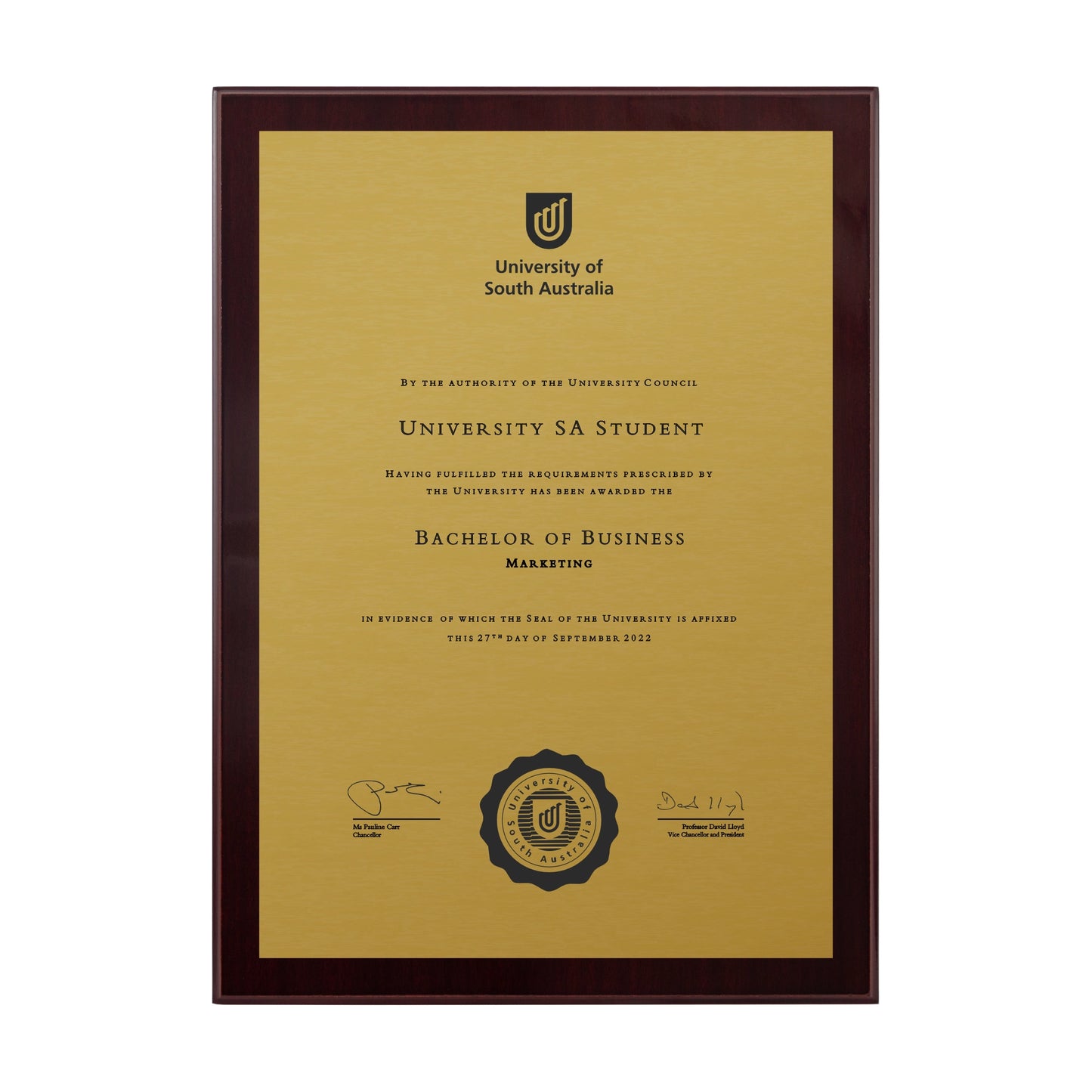 University of South Australia Certificate Plaque - A4 Size
