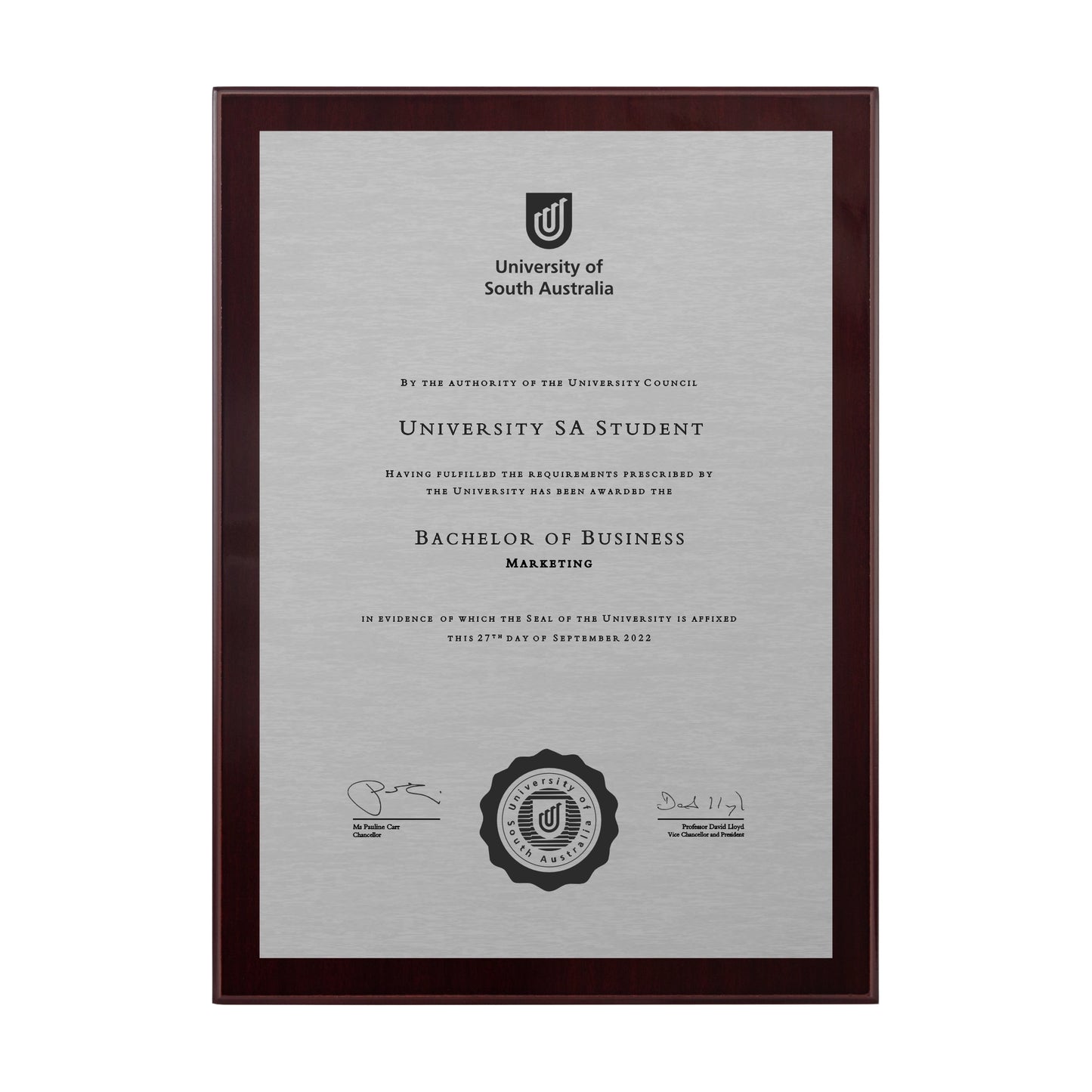 University of South Australia Certificate Plaque - A4 Size