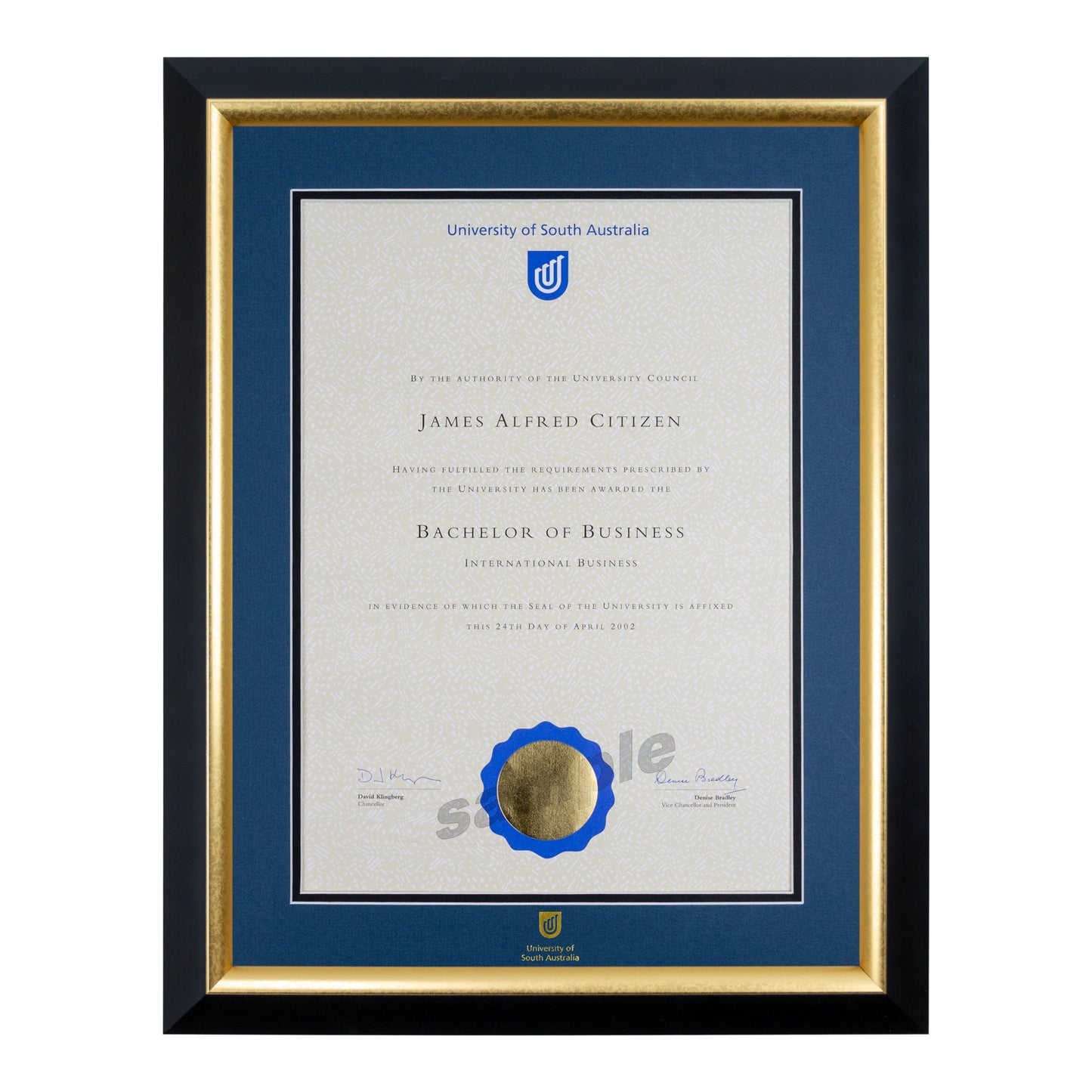 Premium Gold Single Certificate Frame - University of South Australia