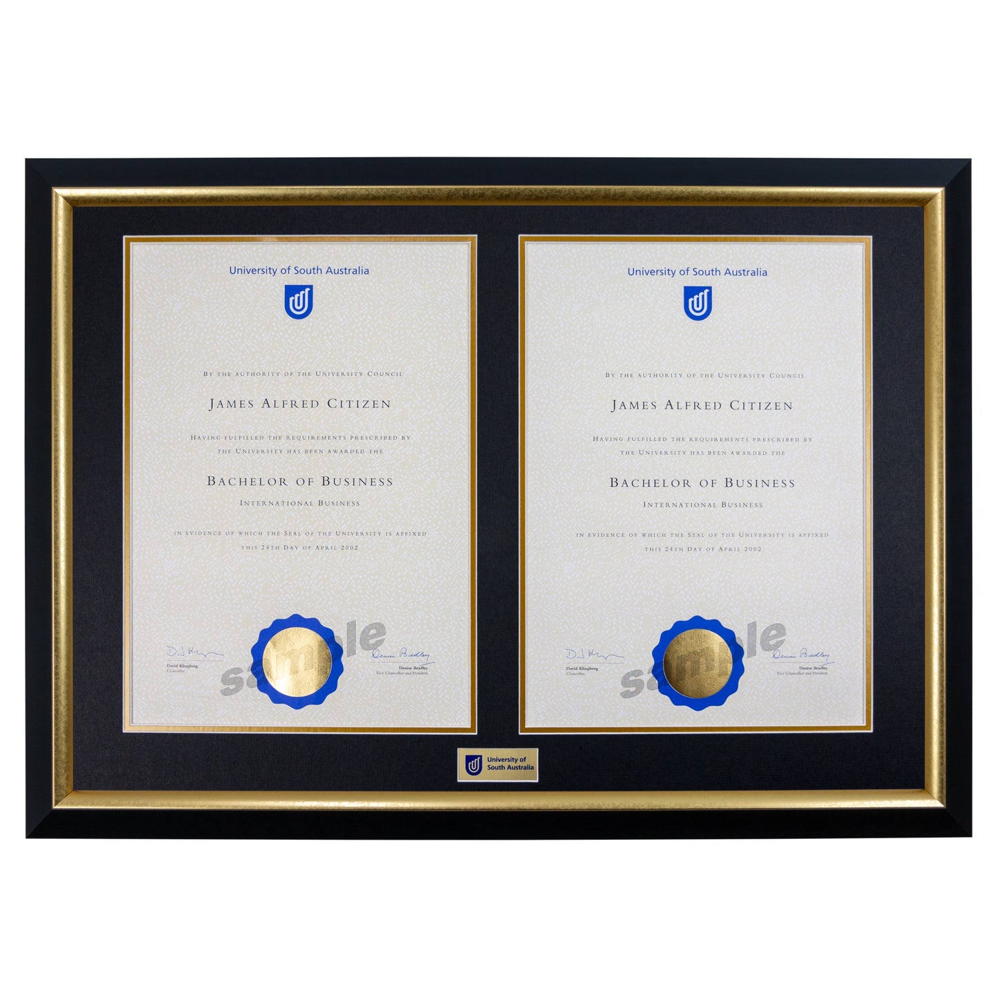 University of South Australia Double Certificate Frame - Premium Gold