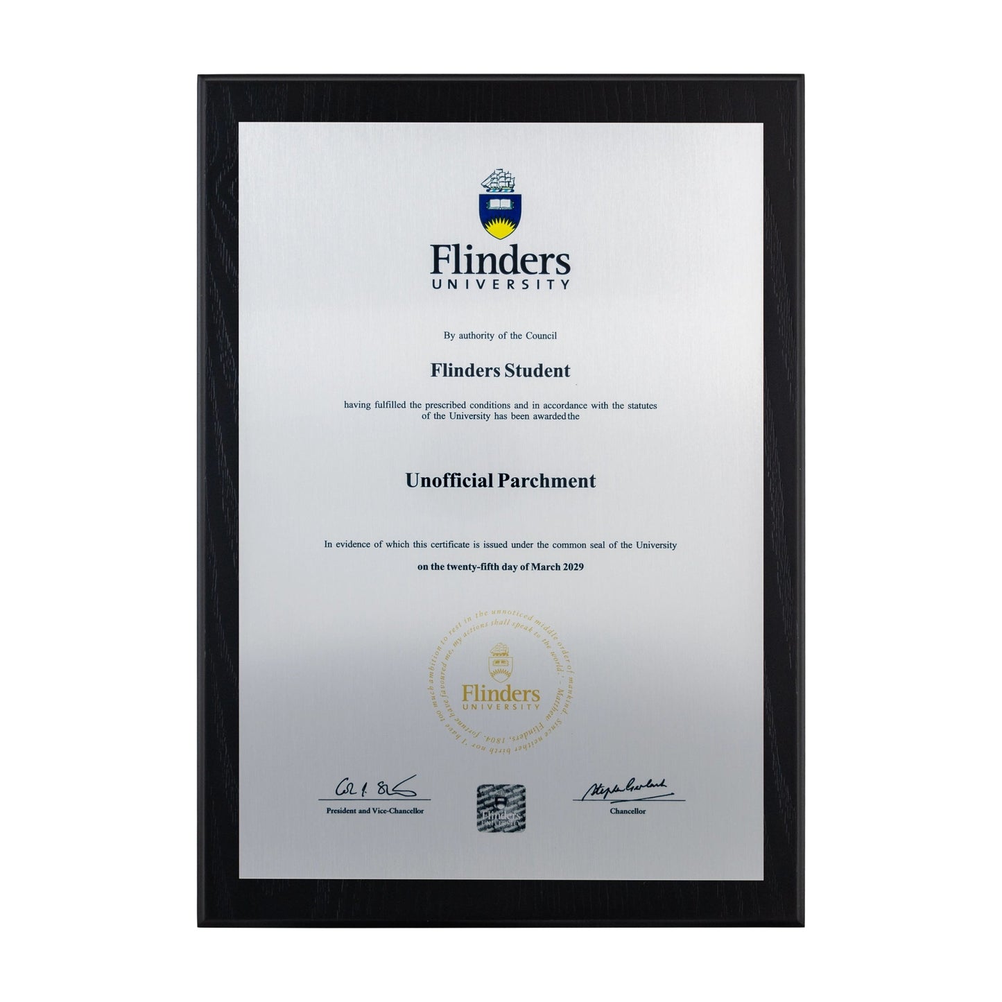 Flinders University Certificate Plaque - A4 Size