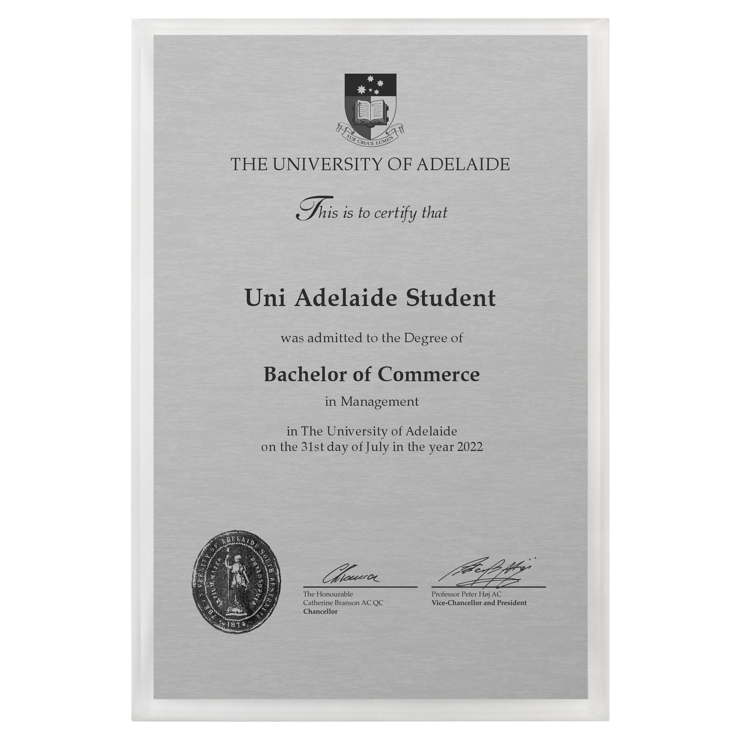 University of Adelaide Certificate Plaque - A3 Size