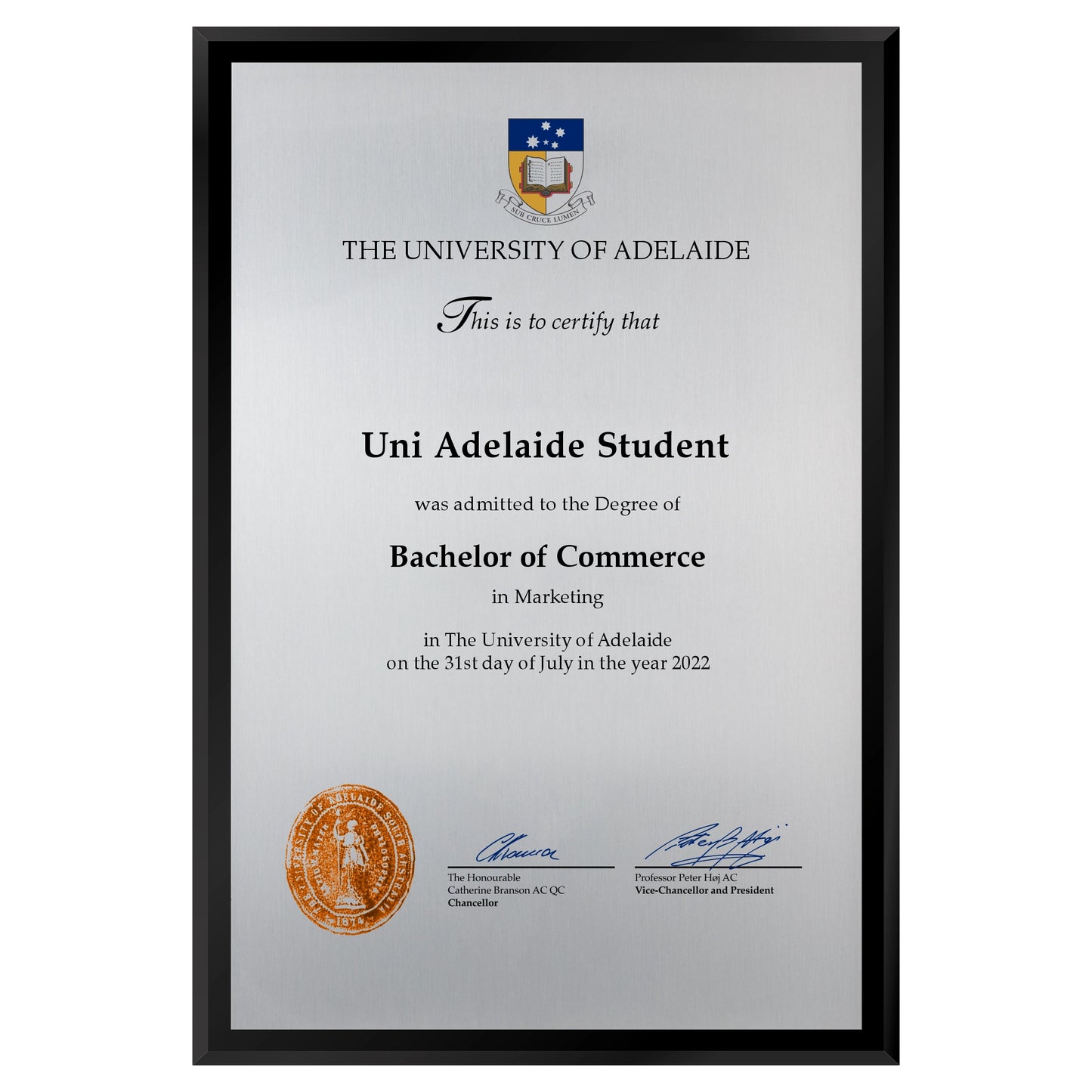 University of Adelaide Certificate Plaque - A3 Size