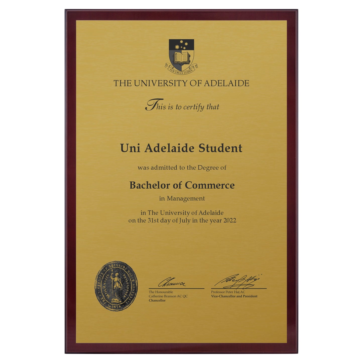 University of Adelaide Certificate Plaque - A3 Size