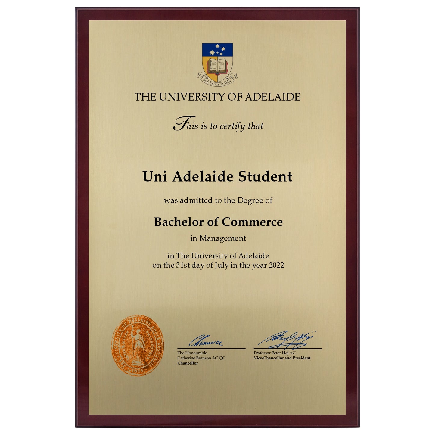 University of Adelaide Certificate Plaque - A3 Size