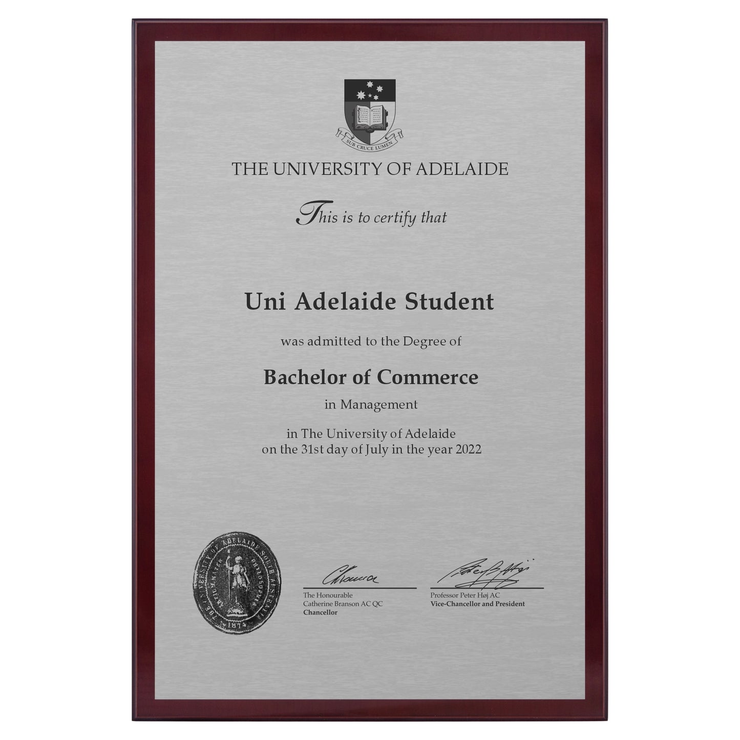 University of Adelaide Certificate Plaque - A3 Size