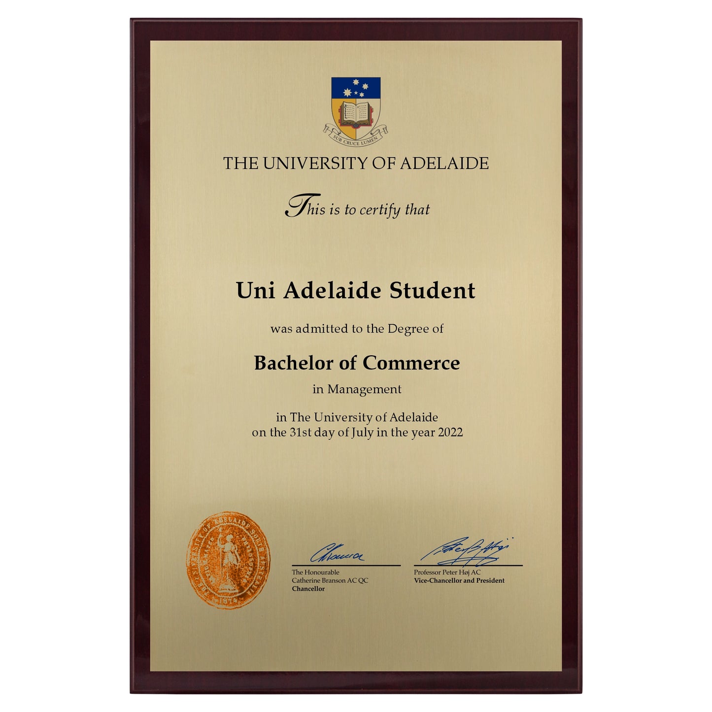 University of Adelaide Certificate Plaque - A3 Size