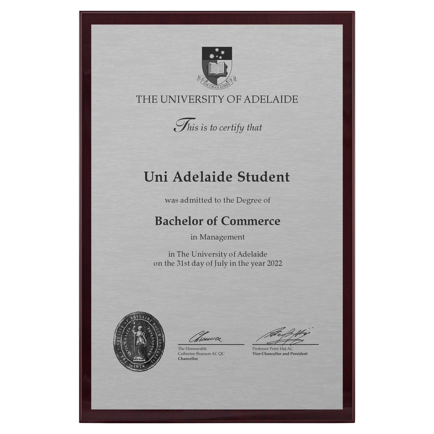 University of Adelaide Certificate Plaque - A3 Size