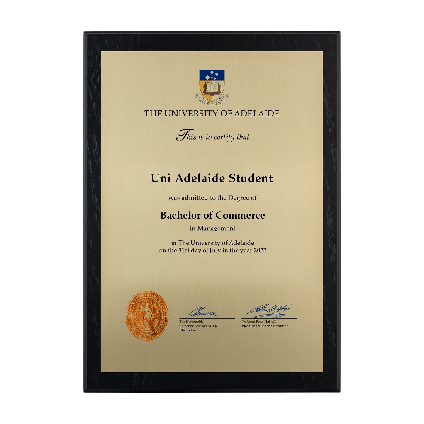 University of Adelaide Certificate Plaque - A4 Size