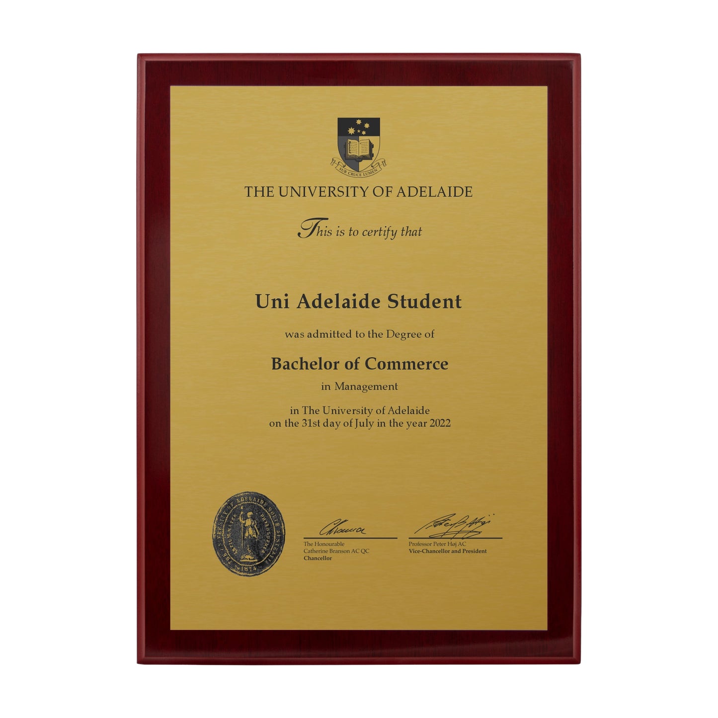 University of Adelaide Certificate Plaque - A4 Size