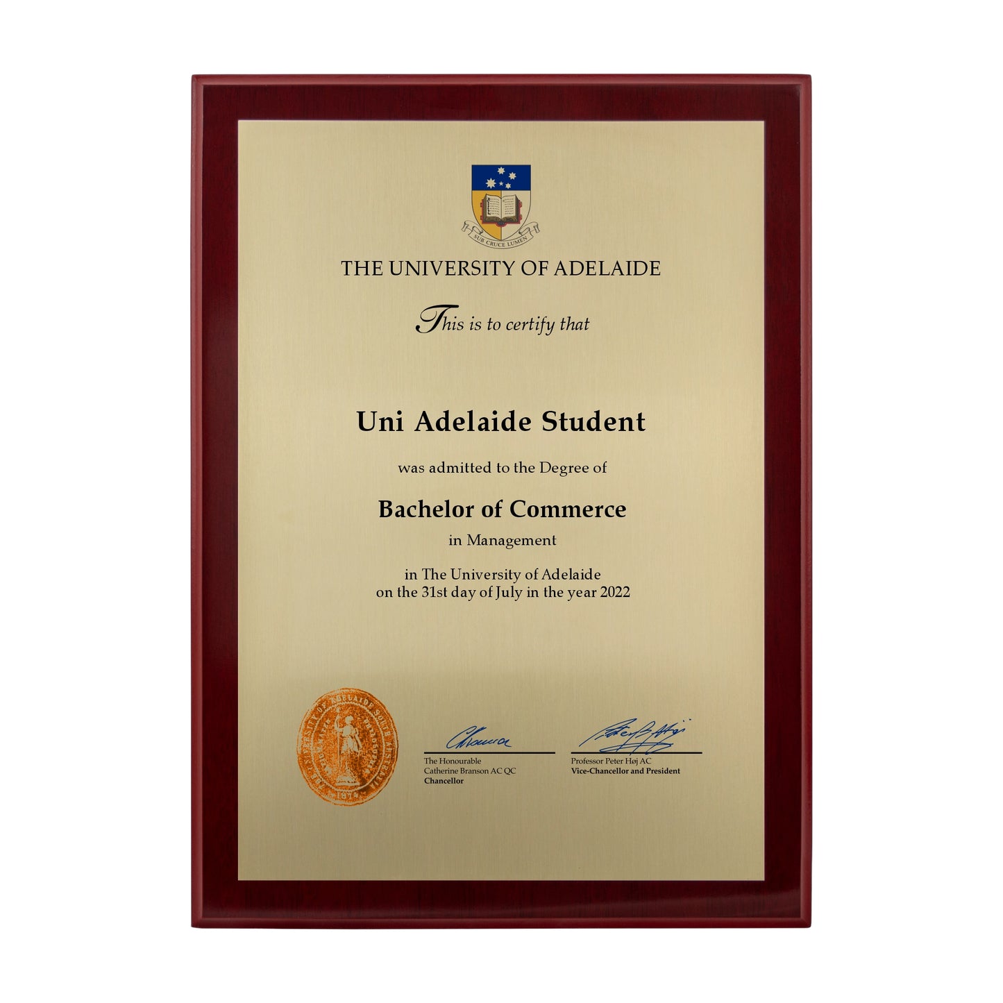 University of Adelaide Certificate Plaque - A4 Size