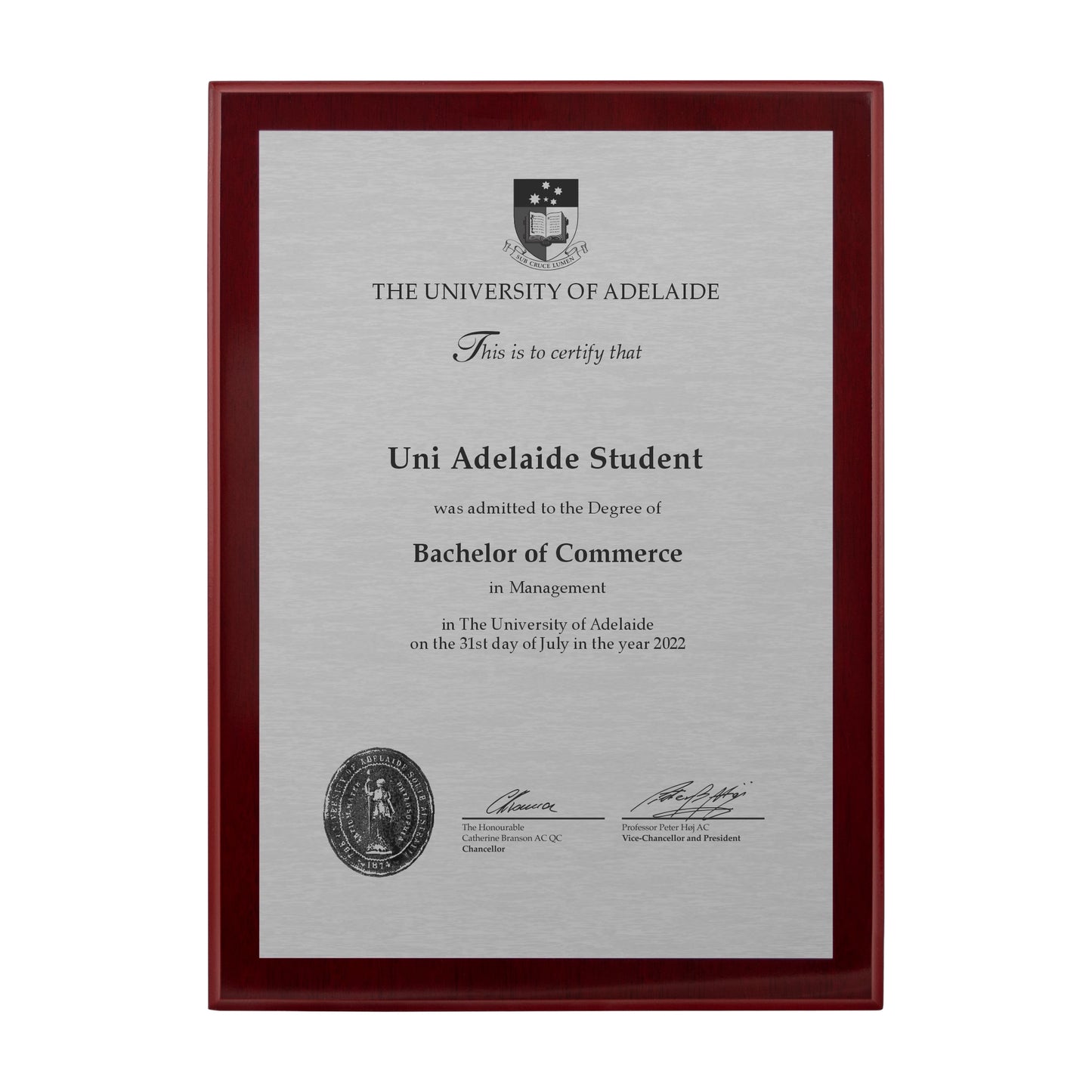 University of Adelaide Certificate Plaque - A4 Size