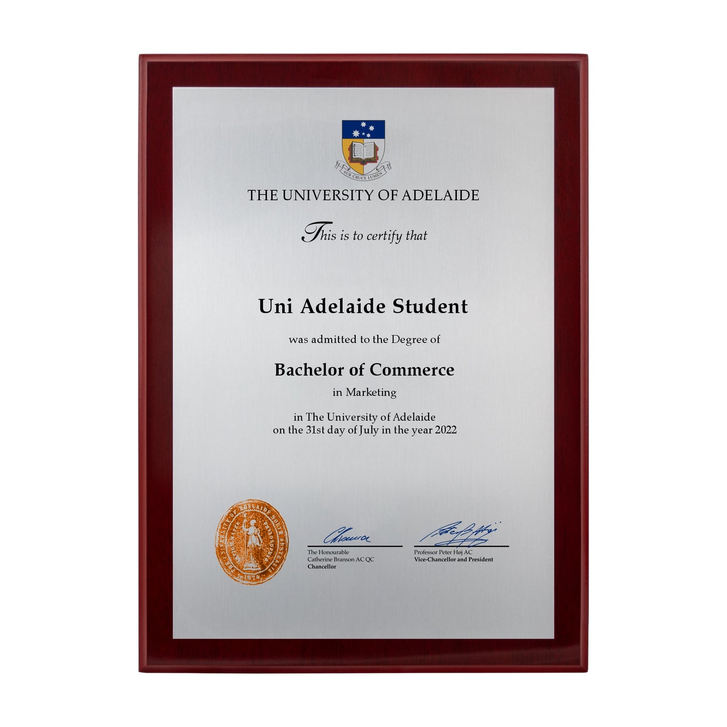 University of Adelaide Certificate Plaque - A4 Size