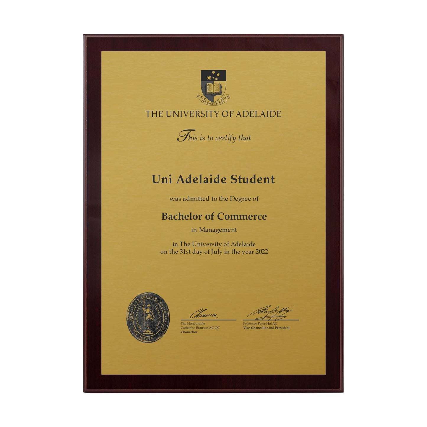 University of Adelaide Certificate Plaque - A4 Size