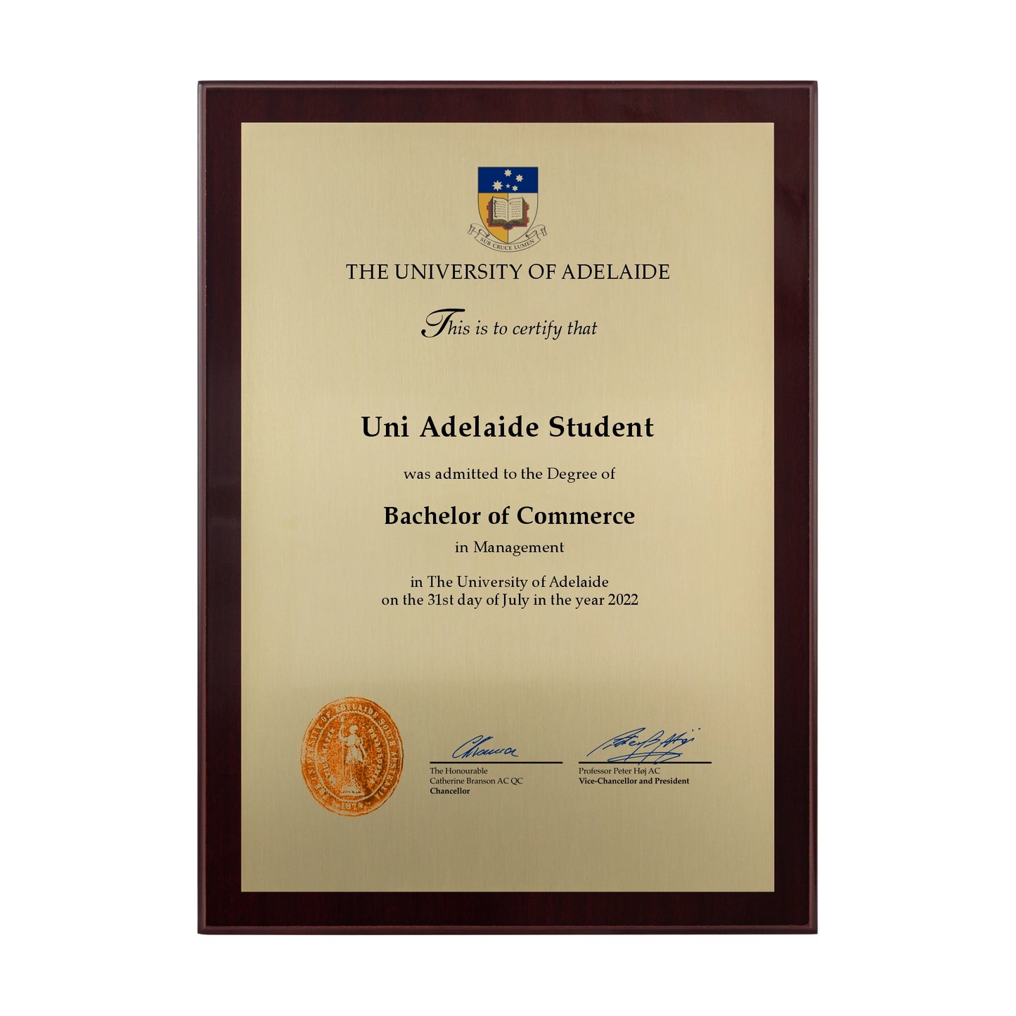 University of Adelaide Certificate Plaque - A4 Size