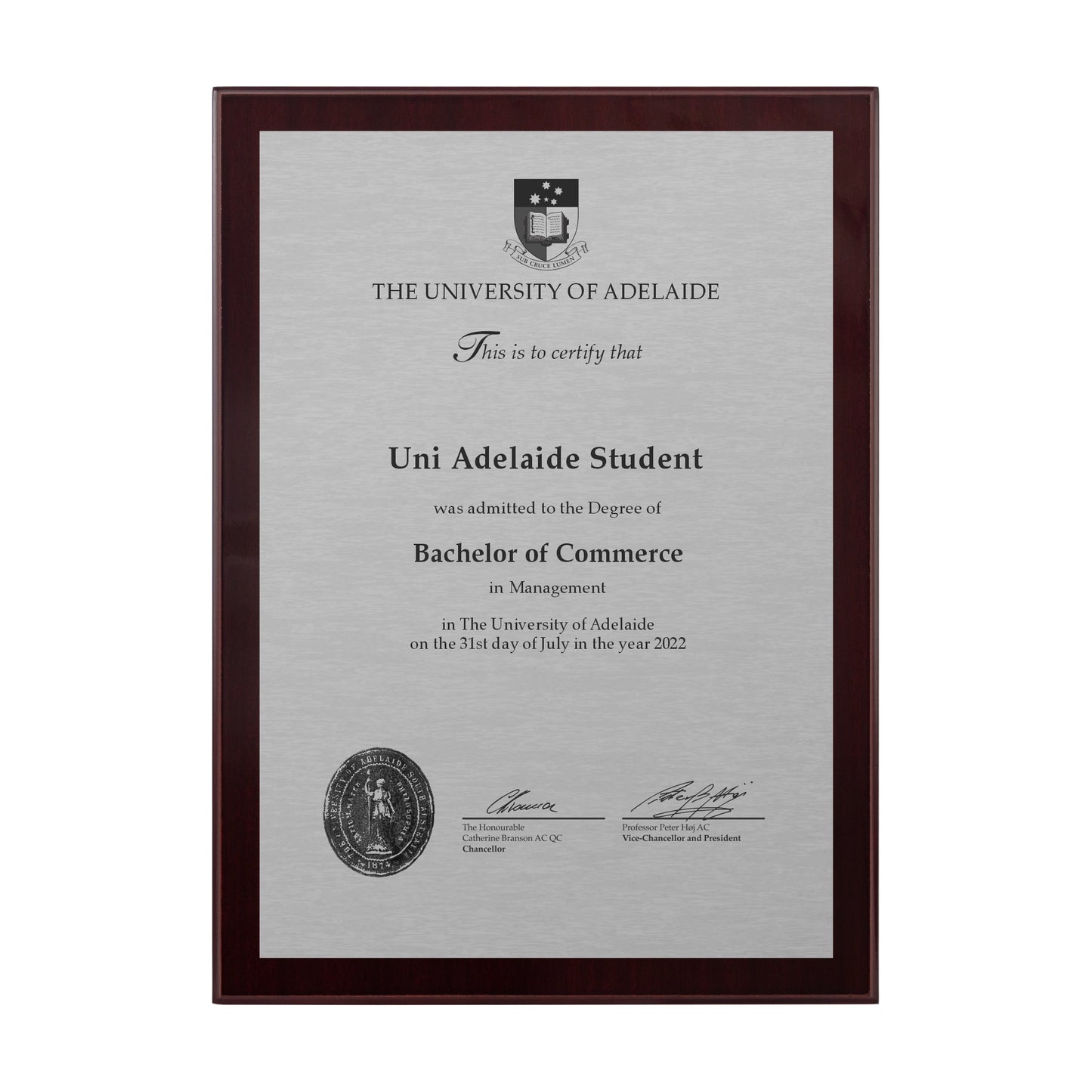 University of Adelaide Certificate Plaque - A4 Size