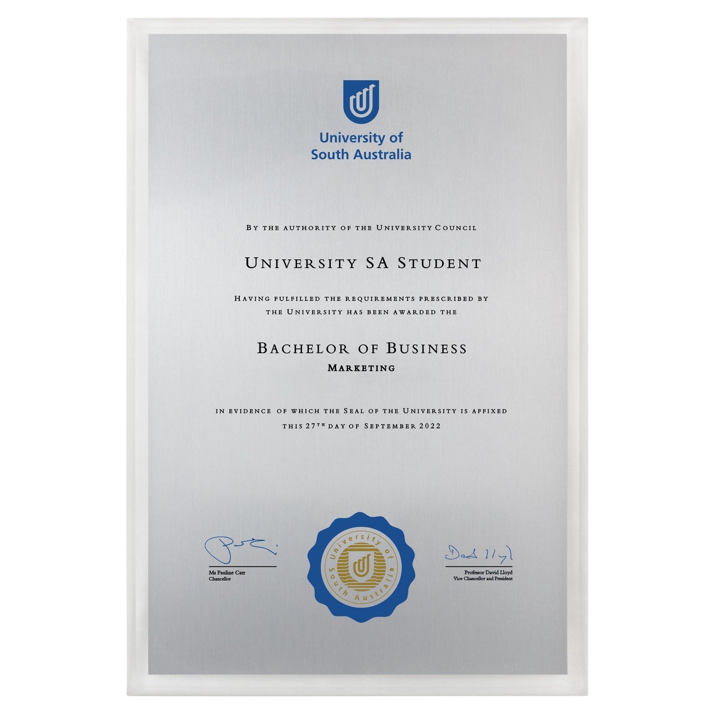 University of South Australia Certificate Plaque - A3 Size
