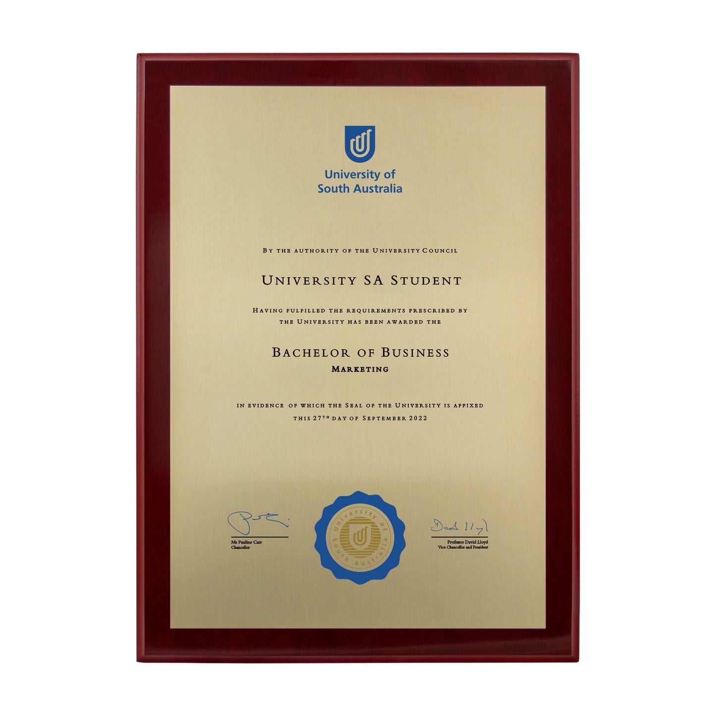 University of South Australia Certificate Plaque - A4 Size