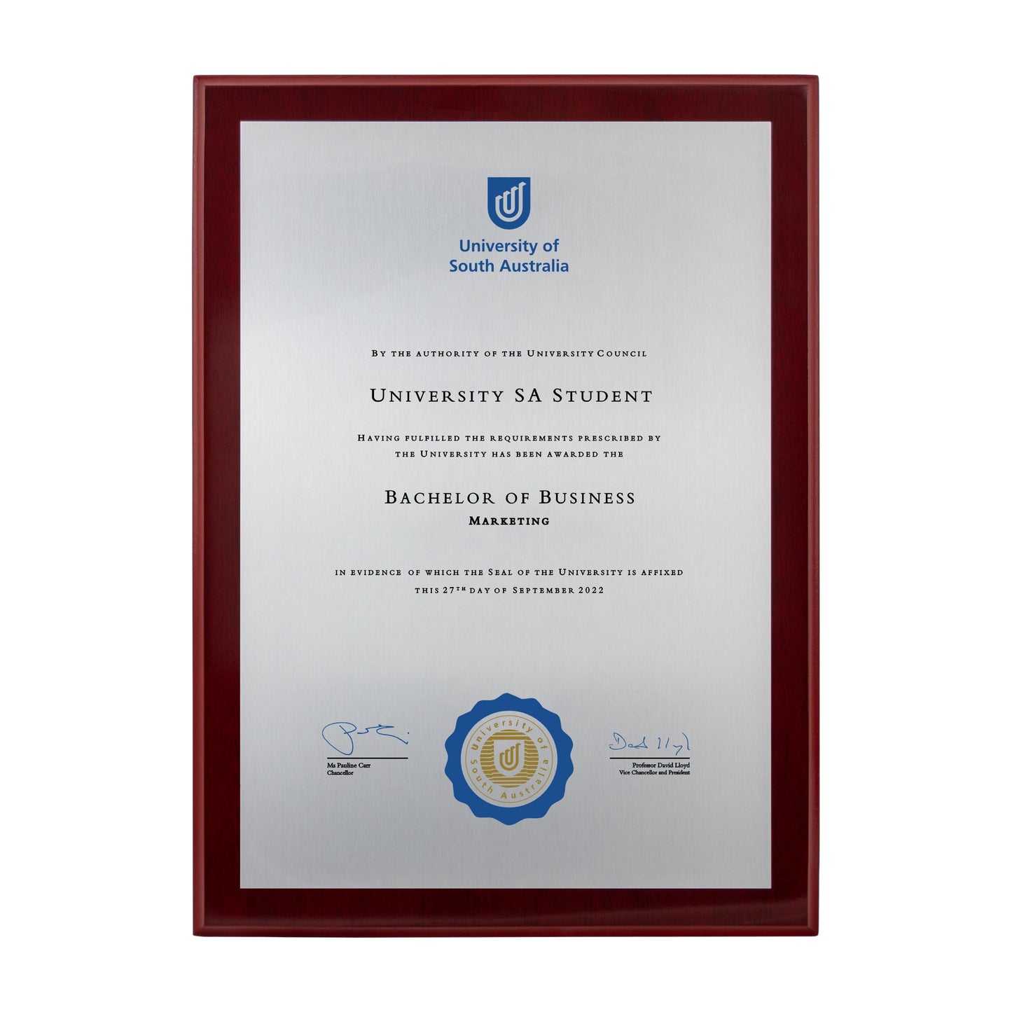 University of South Australia Certificate Plaque - A4 Size