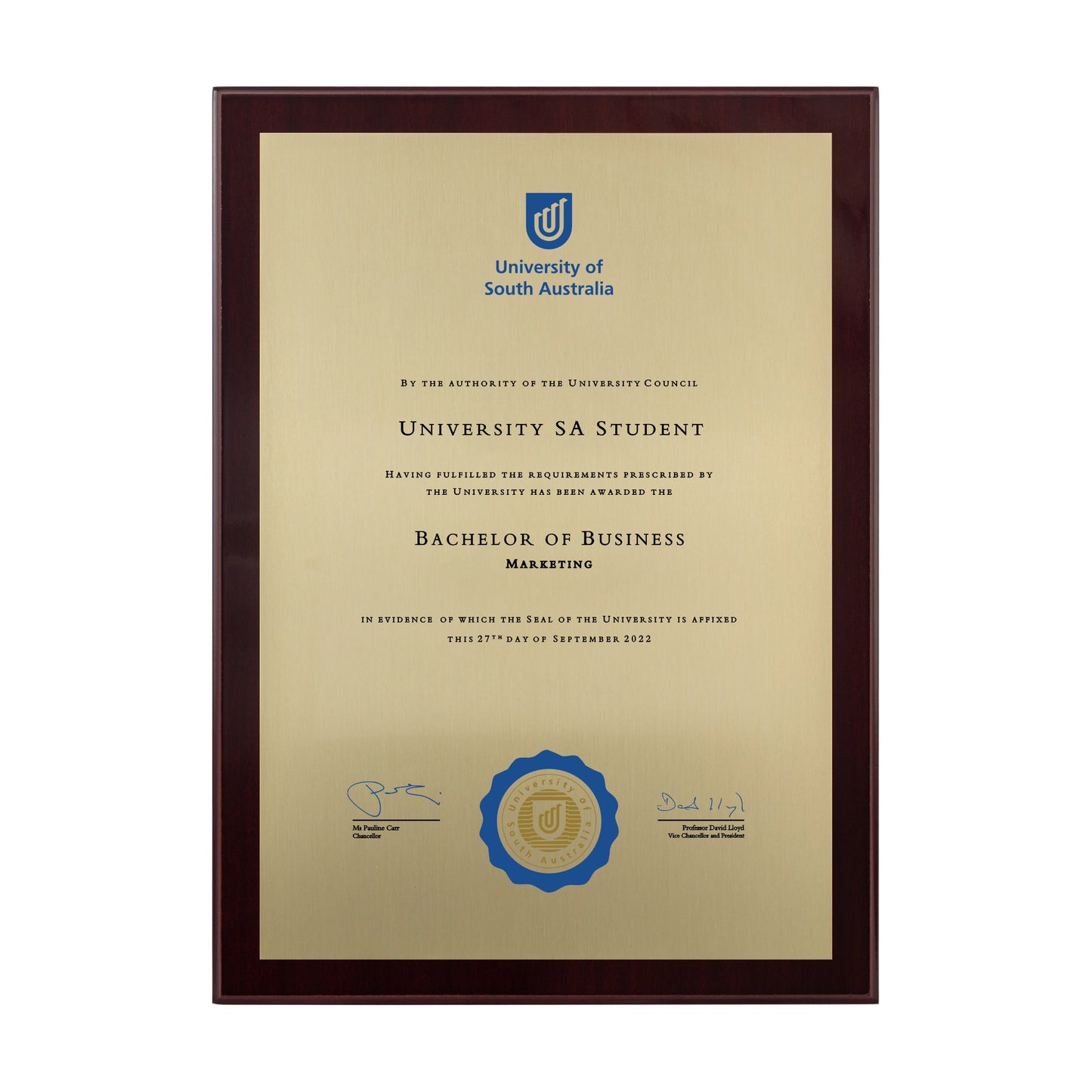 University of South Australia Certificate Plaque - A4 Size