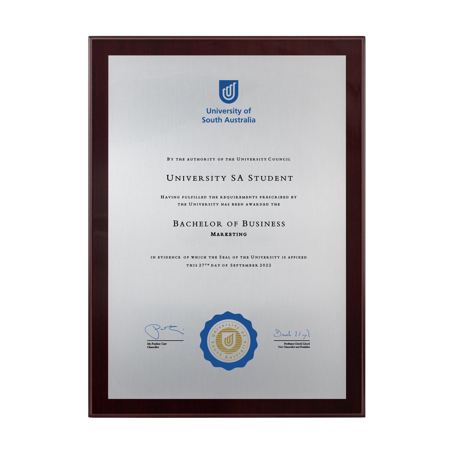 University of South Australia Certificate Plaque - A4 Size