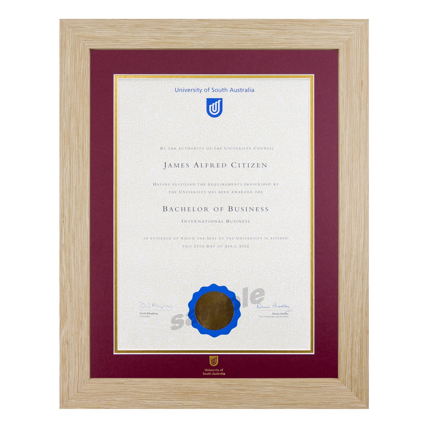 University of South Australia Single Certificate Frame - Natural