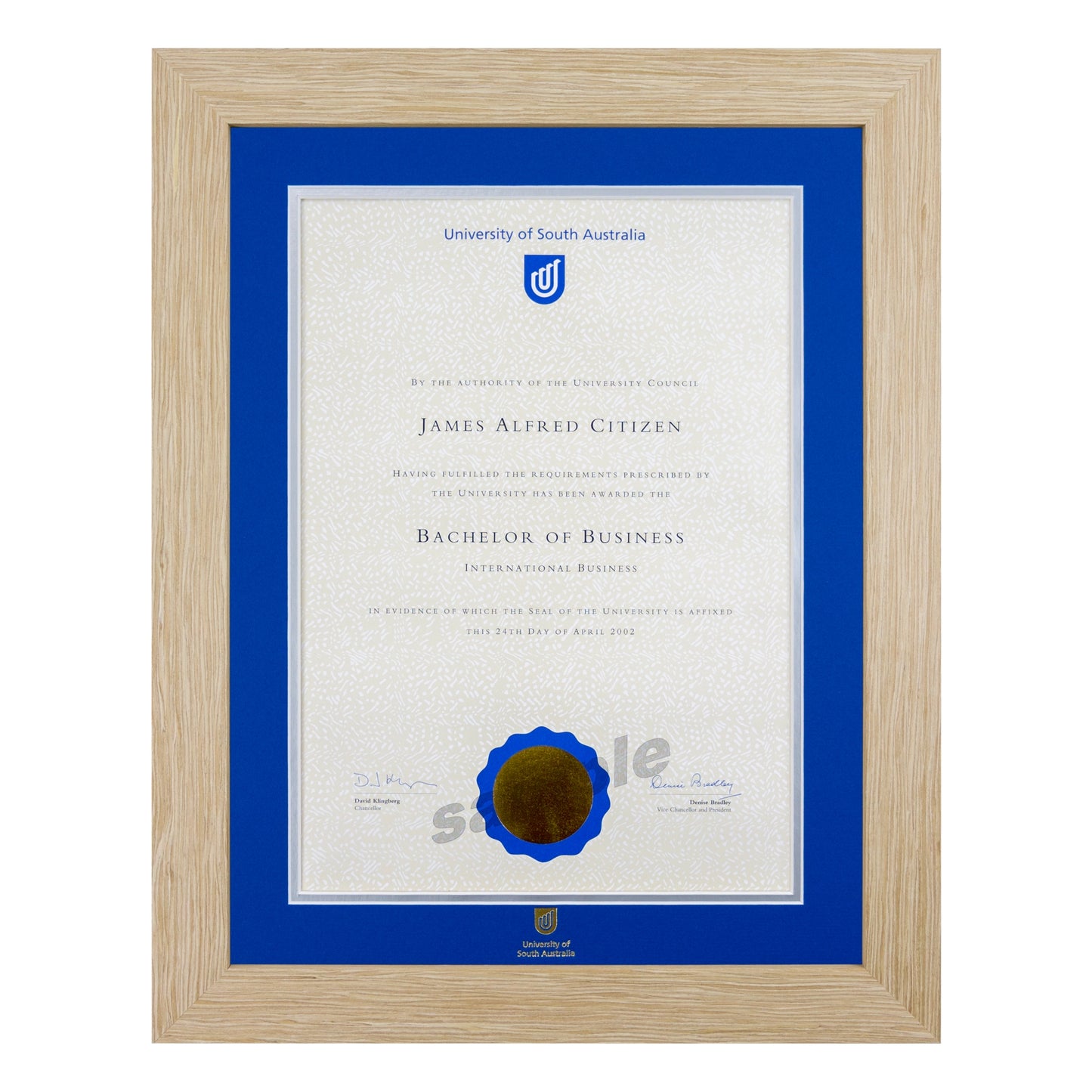 University of South Australia Single Certificate Frame - Natural