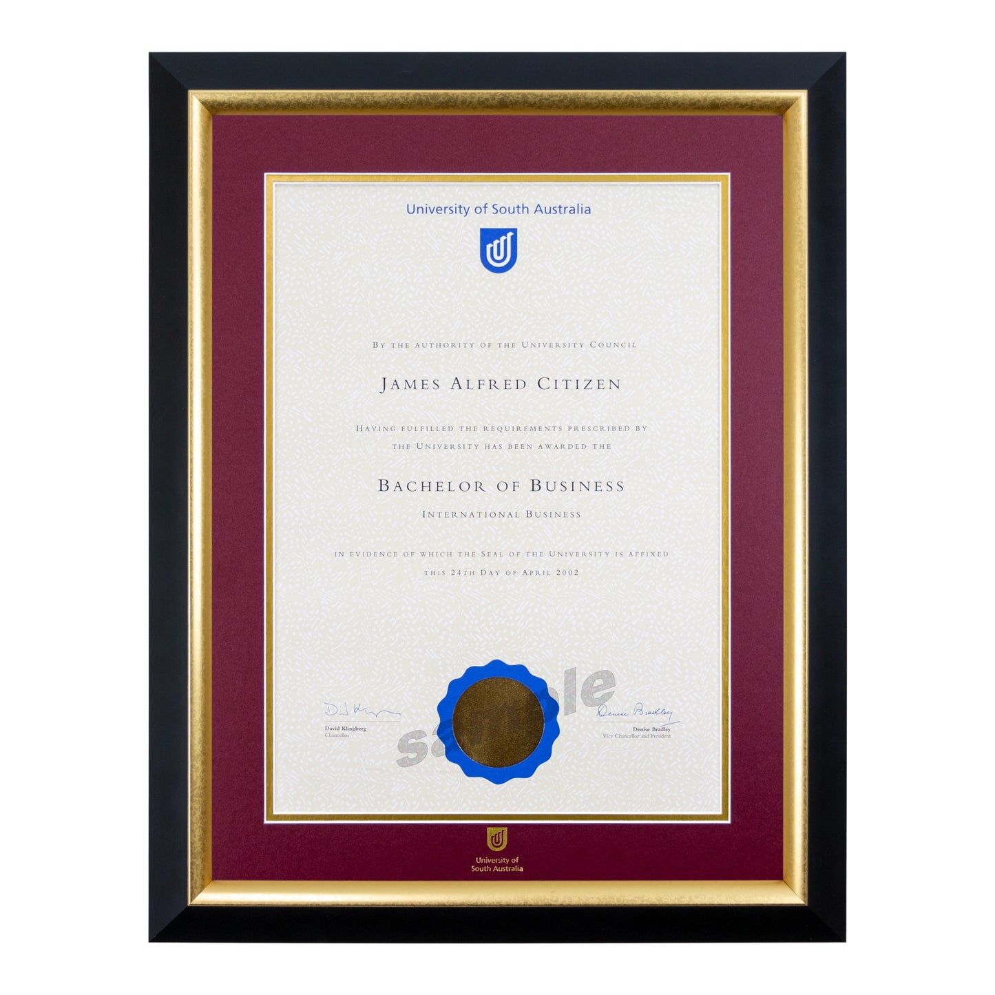 University of South Australia Single Certificate Frame - Premium Gold