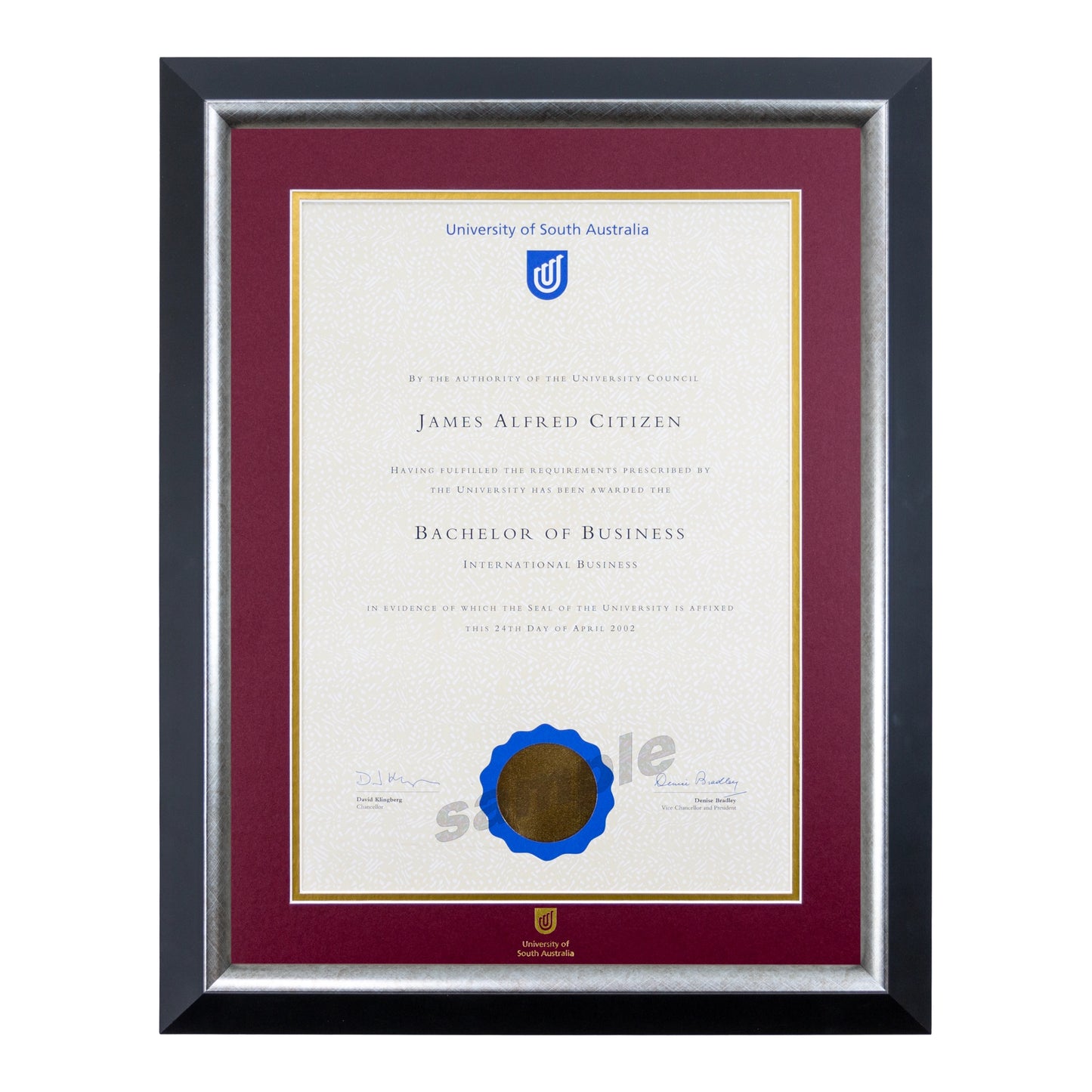 University of South Australia Single Certificate Frame - Premium Silver