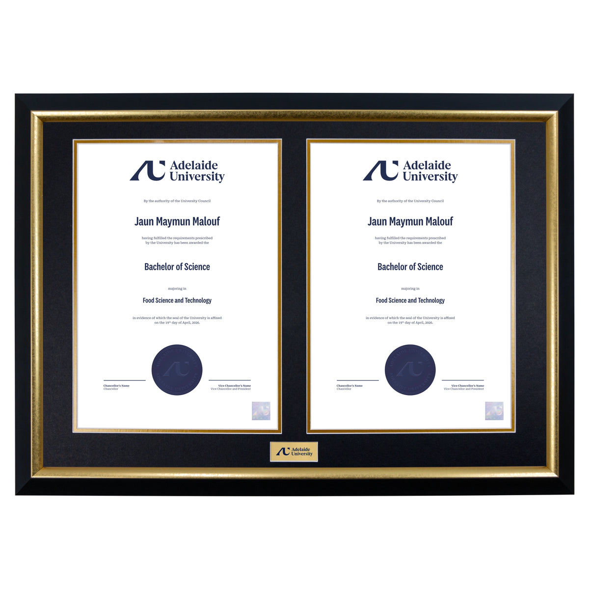 Premium Gold Twin Certificate Frame - Adelaide University