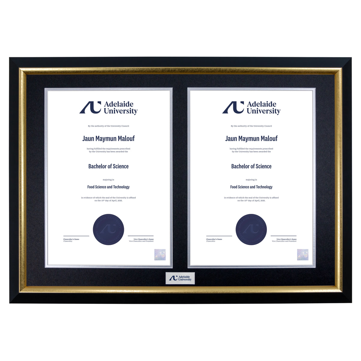 Premium Gold Twin Certificate Frame - Adelaide University