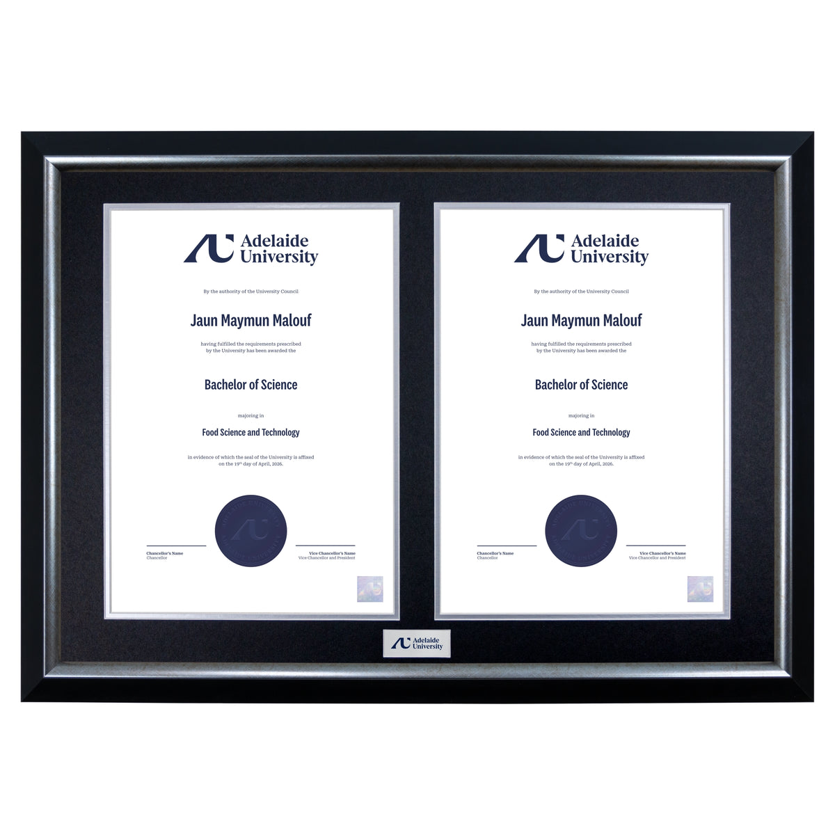 Premium Silver Twin Certificate Frame - Adelaide University
