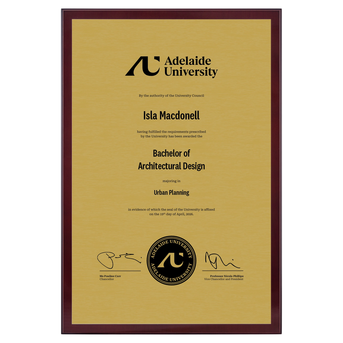 Large Certificate Plaque (A3) - Adelaide University