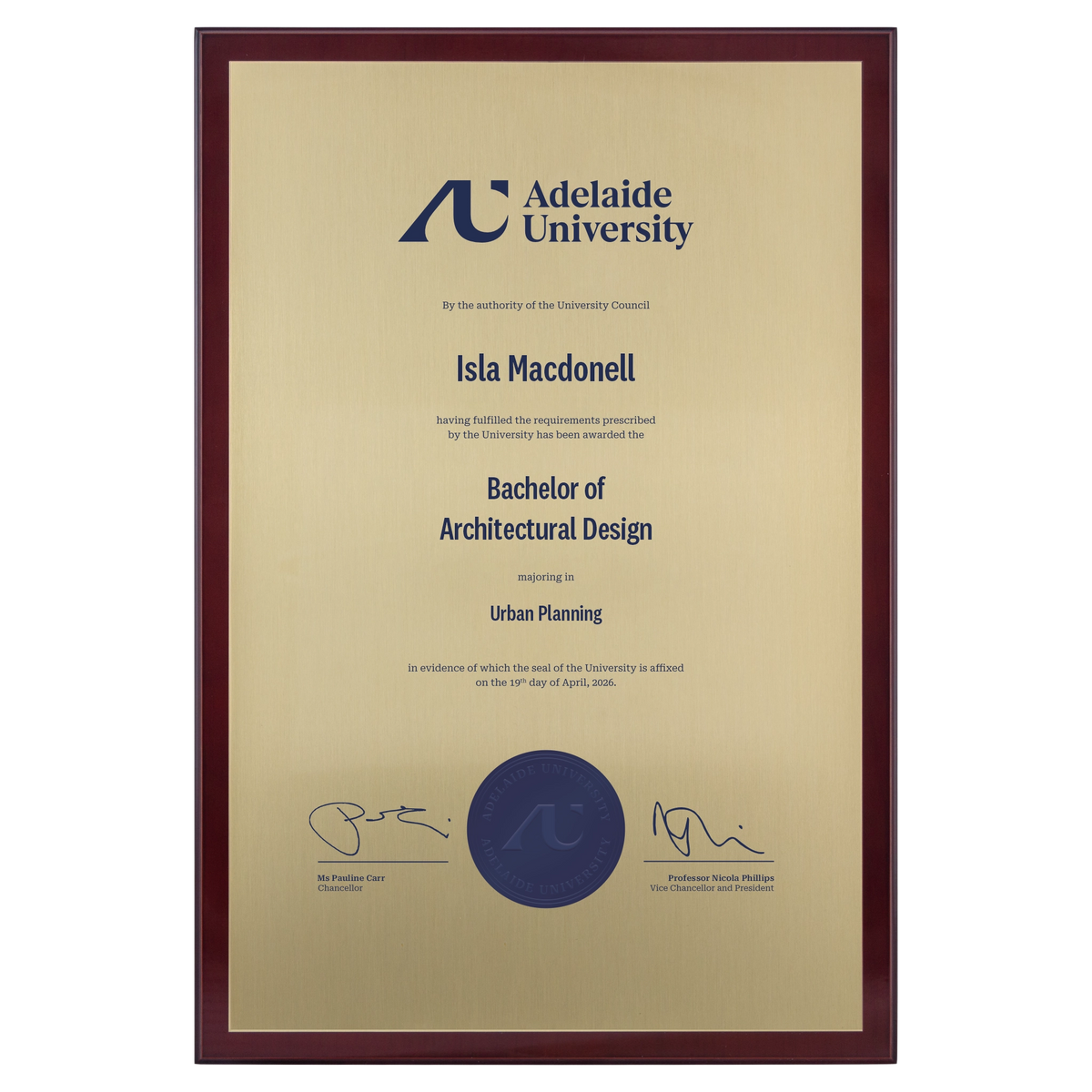 Large Certificate Plaque (A3) - Adelaide University