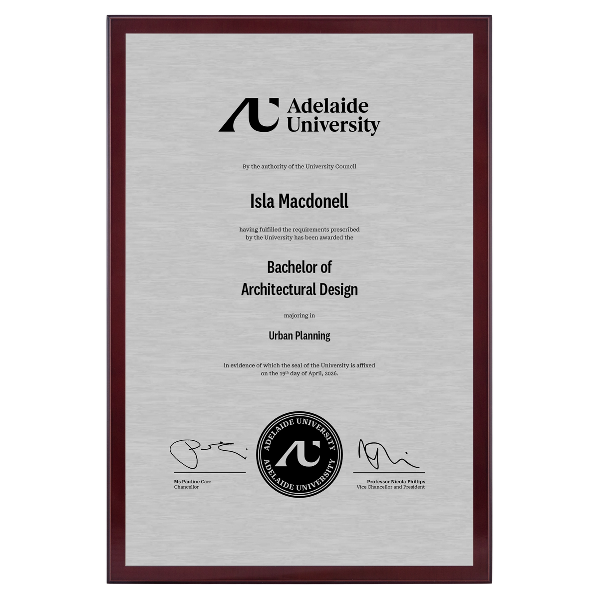 Large Certificate Plaque (A3) - Adelaide University
