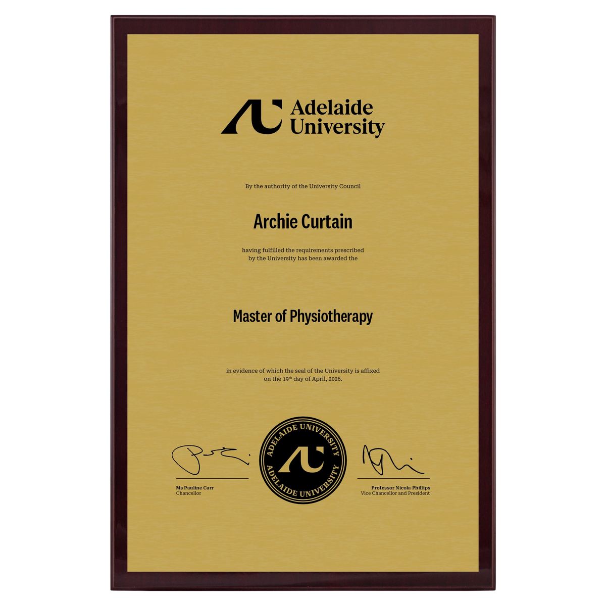Large Certificate Plaque (A3) - Adelaide University
