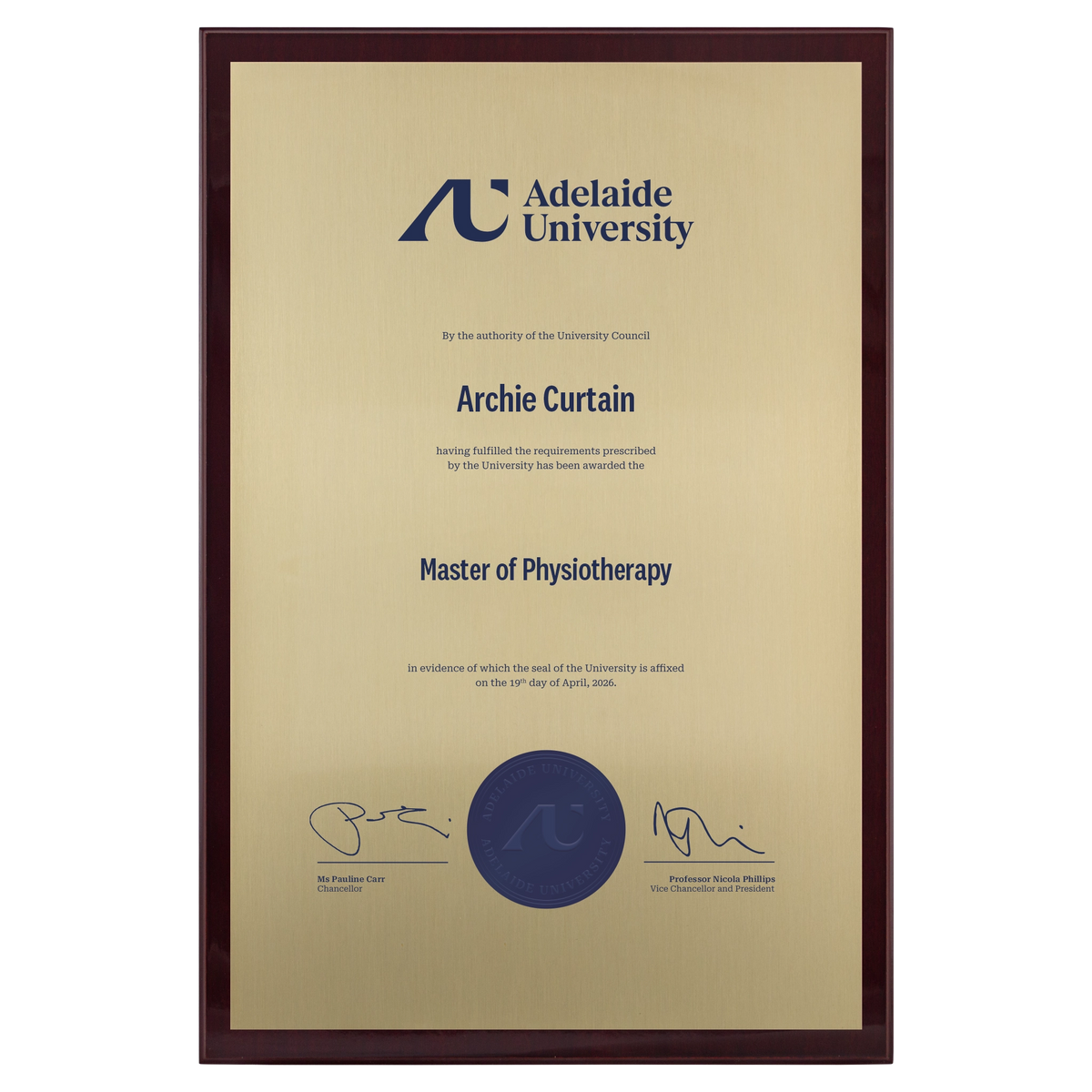 Large Certificate Plaque (A3) - Adelaide University