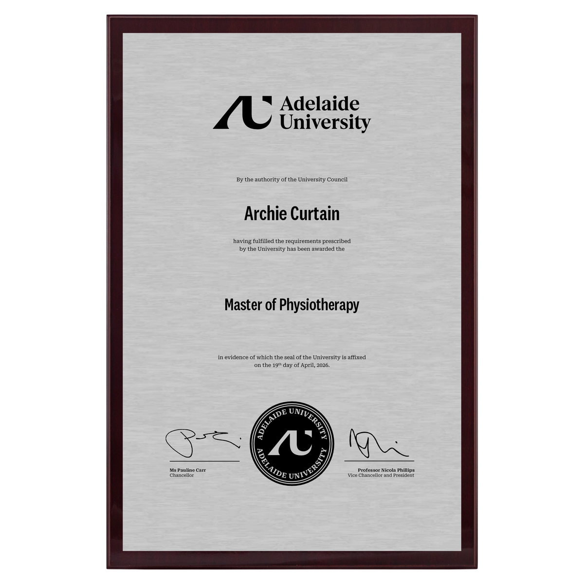 Large Certificate Plaque (A3) - Adelaide University