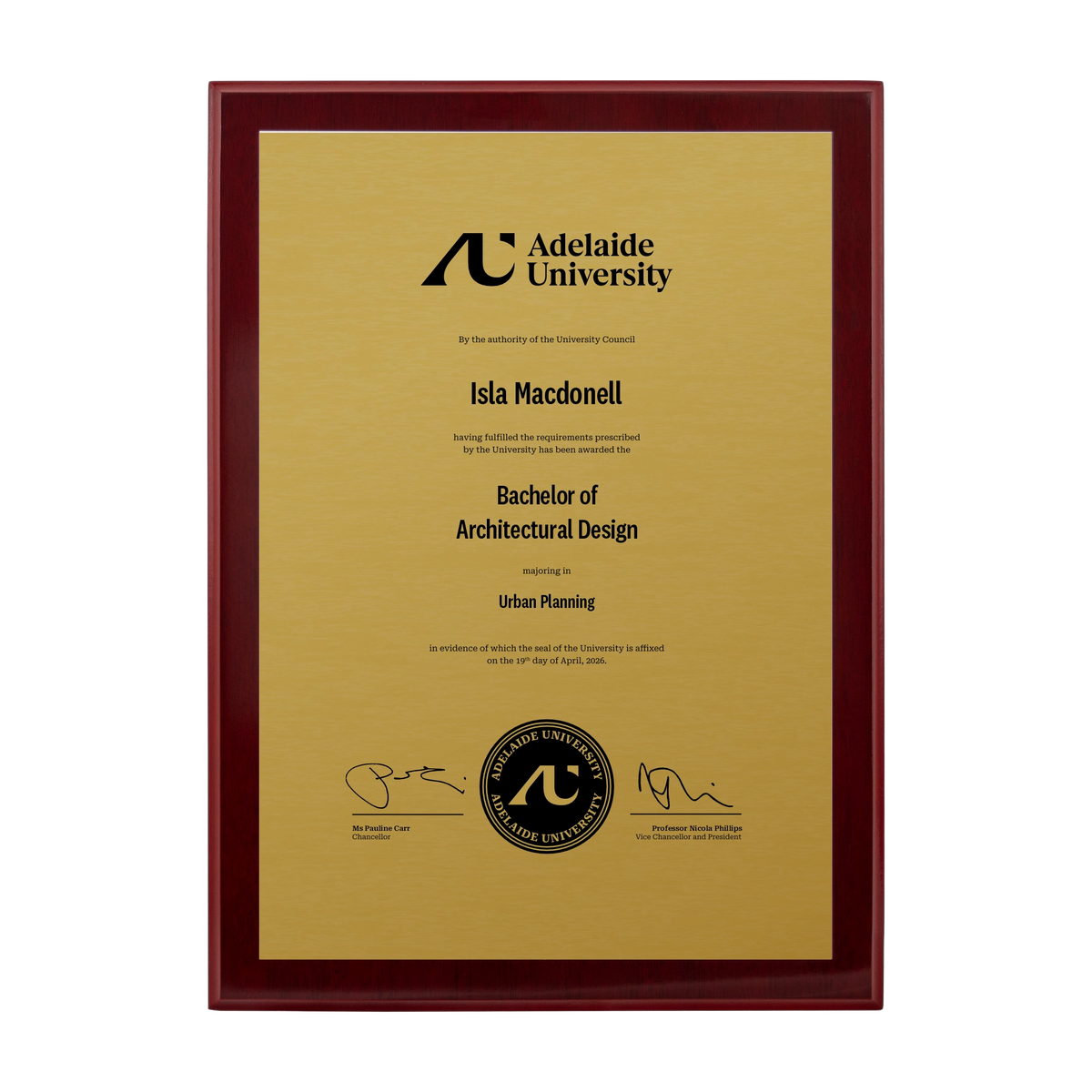 Medium Certificate Plaque (Timber Backing) - Adelaide University