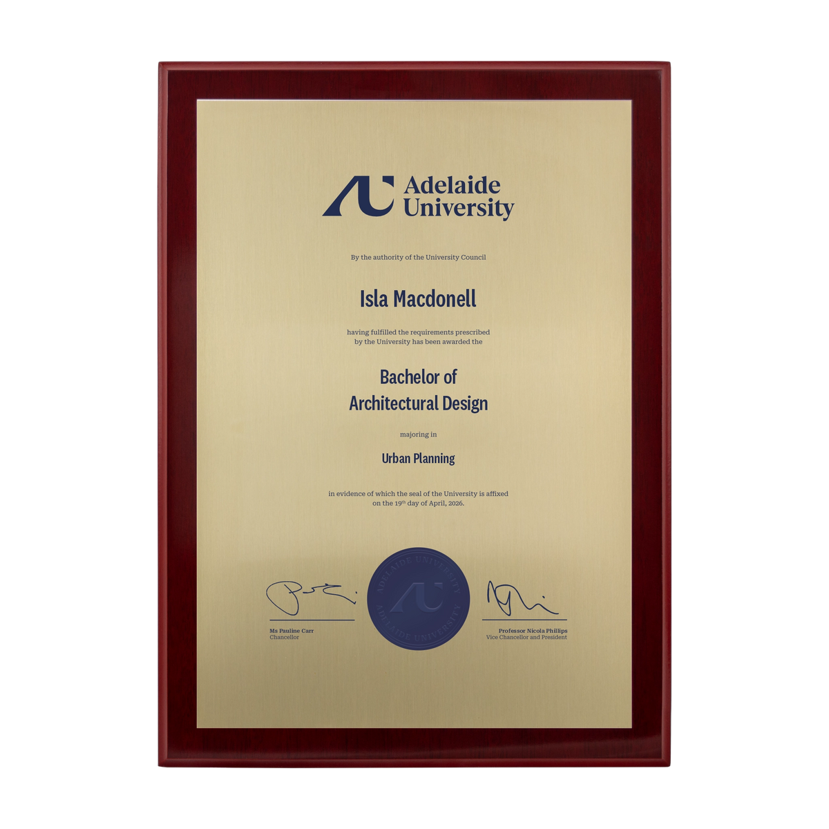 Medium Certificate Plaque (Timber Backing) - Adelaide University