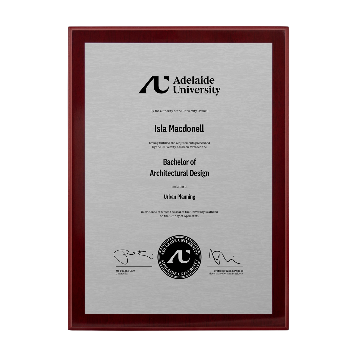 Medium Certificate Plaque (Timber Backing) - Adelaide University