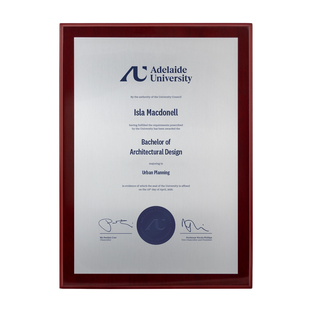 Medium Certificate Plaque (Timber Backing) - Adelaide University