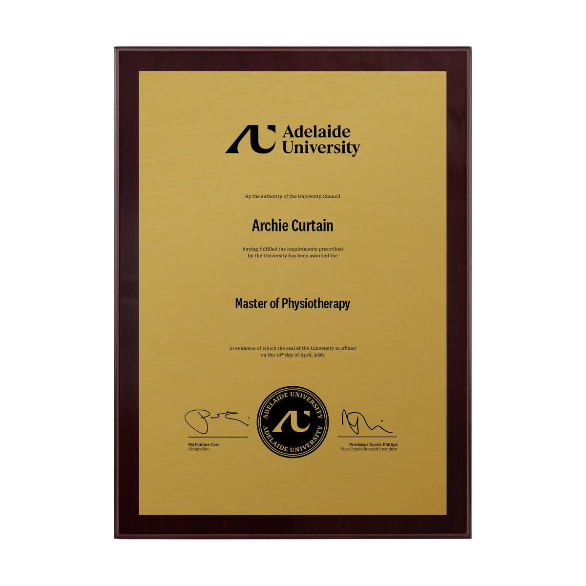 Medium Certificate Plaque (Timber Backing) - Adelaide University
