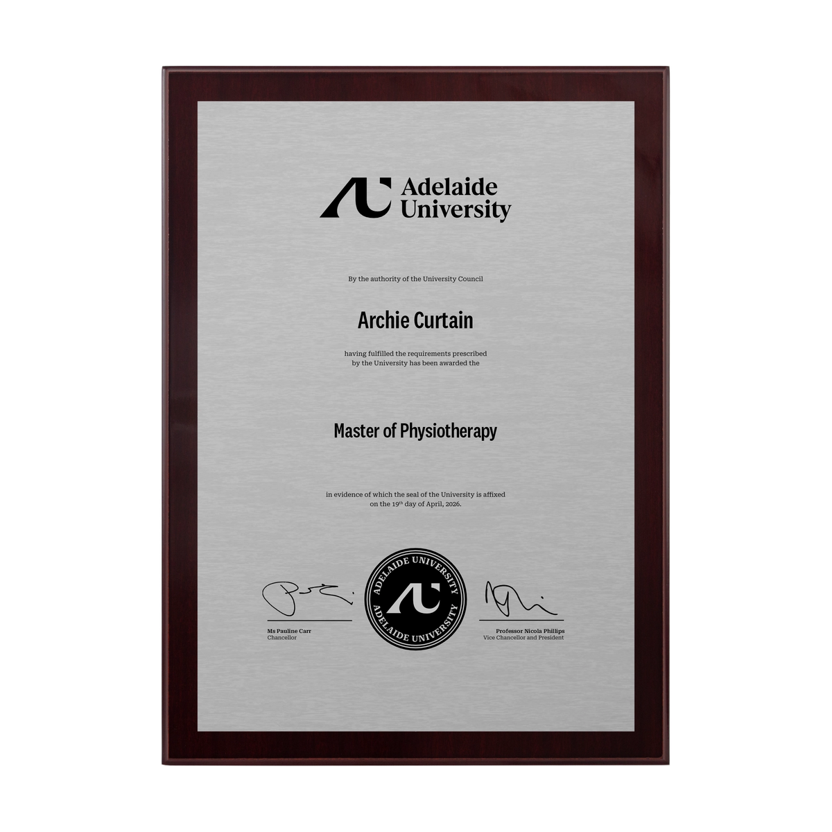 Medium Certificate Plaque (Timber Backing) - Adelaide University