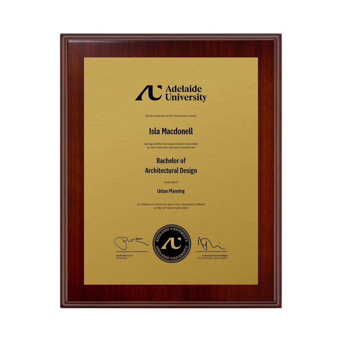 Small Desktop Certificate Plaque (Timber Backing) - Adelaide University
